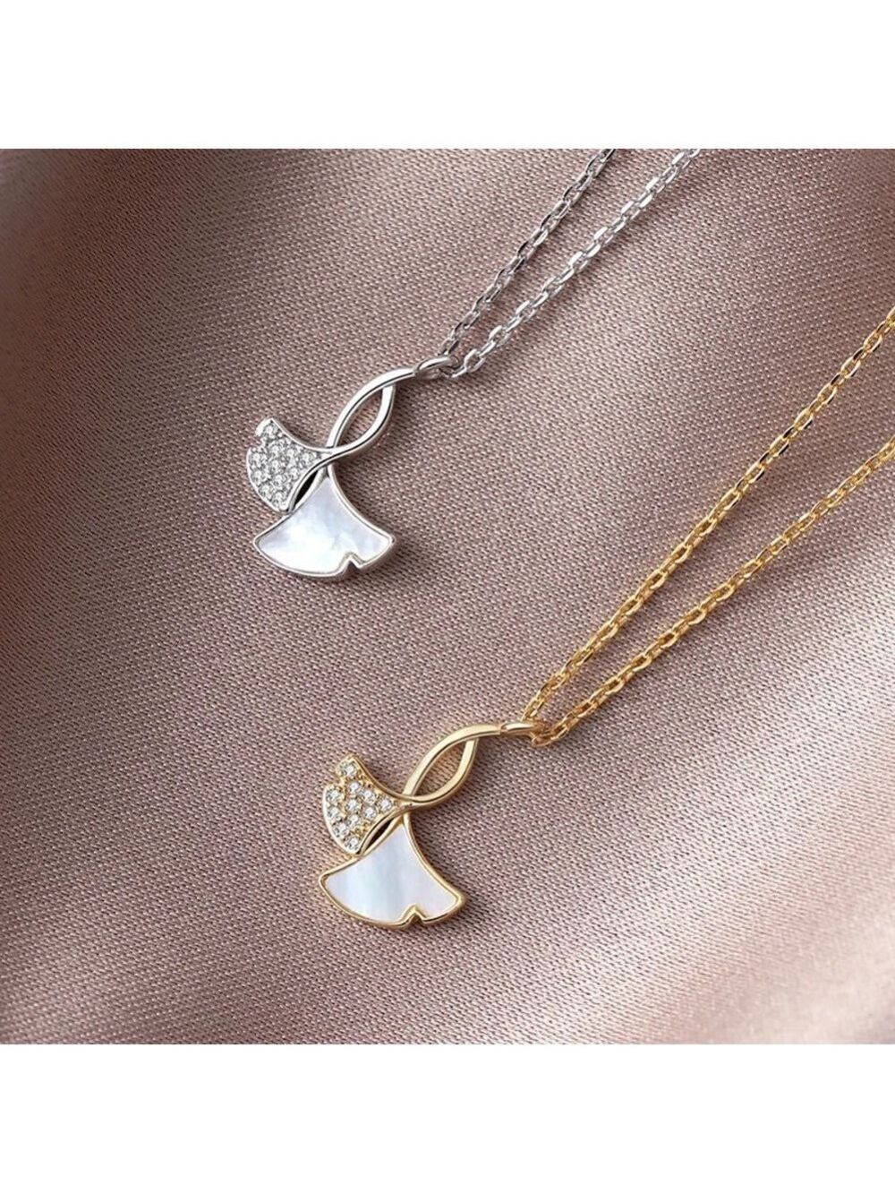 18k Gold over Sterling silver Ginkgo Leaf Shell MOP Fan-Shaped Necklace - Picture 4 of 6